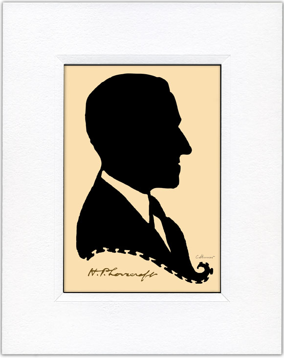 This is my silhouette cutting of H.P. Lovecraft.
As was the practice for silhouette cutters in centuries past, the original silhouette is kept as a template from which subsequent duplicates can be cut. However, each silhouette will vary in small respects as each one will be additionally detailed with blade and scissors.

Though Lovecraft had a few extant silhouettes cut during his lifetime, this silhouette is not based on those but is taken largely from the profile photo of Lovecraft with writer Frank Belknap Long as well as from a careful study of Lovecraft's facial contours in other photographs. The style of the silhouette is typical for the 1920s with the white collar cut from the black paper.

Showing eyelashes on a silhouette was a conceit or fashion of the cutter rather than a depiction of reality, Only in very rare cases would the eyelashes actually protrude beyond the profile. In service of verisimilitude, I've decided to leave off the eyelashes in order to more realistically depict Lovecraft's unique and strong profile.

For those interested, I will hand cut duplicates of this silhouette, mount it on warm ivory paper with a facsimile of the author's signature and mount it in a simple matte as seen in this image. I'll sign it subtly in pencil.

The Lovecraft silhouette is within a 4.5" X 6.5" window in a, 8" X 10" matte. The size is standard for those who may want to have it framed. The silhouette will be mounted, matted, protected in a crystal clear envelope for $30. plus $5 postage and careful packaging.